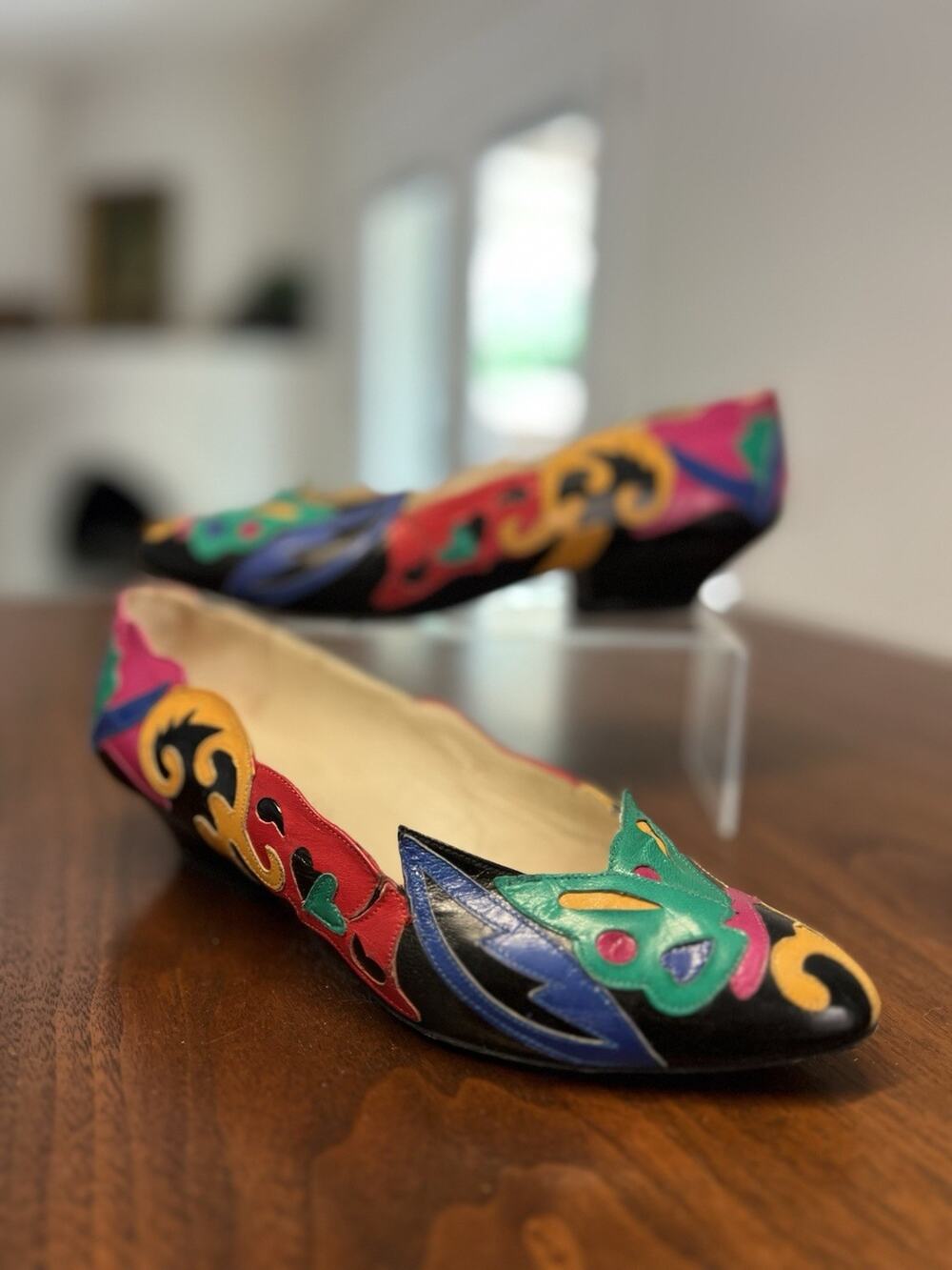 Vintage 1980’s Paradox Vibrant Color Patchwork Leather Kitten Heels Size 6.5 US